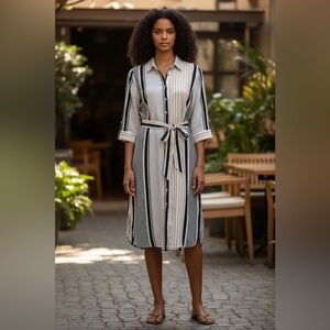 Picadilly Canada, Striped Shirt Dress, Size 14, Black, White, Beige